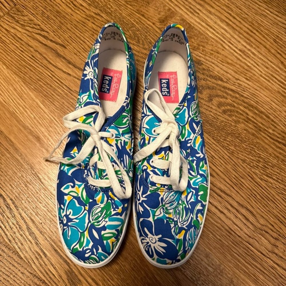 Lily Pulitzer x Keds Women size 9.5 Tropical Preppy Lace Up Sneakers Blue Green